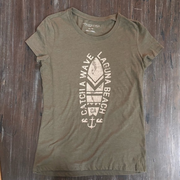 Aeropostale Tops - Aeropostale Green Fitted Graphic Cap Sleeve Tee Laguna Beach Catch a Wave